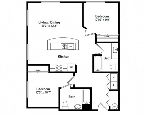 Floor plan for 2 beds, 2 baths, 986 sqft